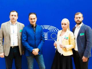 From left to right: Denis Ulanov - Solicitor, Moldova, Alberto Cirio - MEP, Lega Nord, Marina Tauber - Head of the SOR political party of Moldova, Balan Iulian - Solicitor, Moldova at the European Parliament, Strasbourg, France.